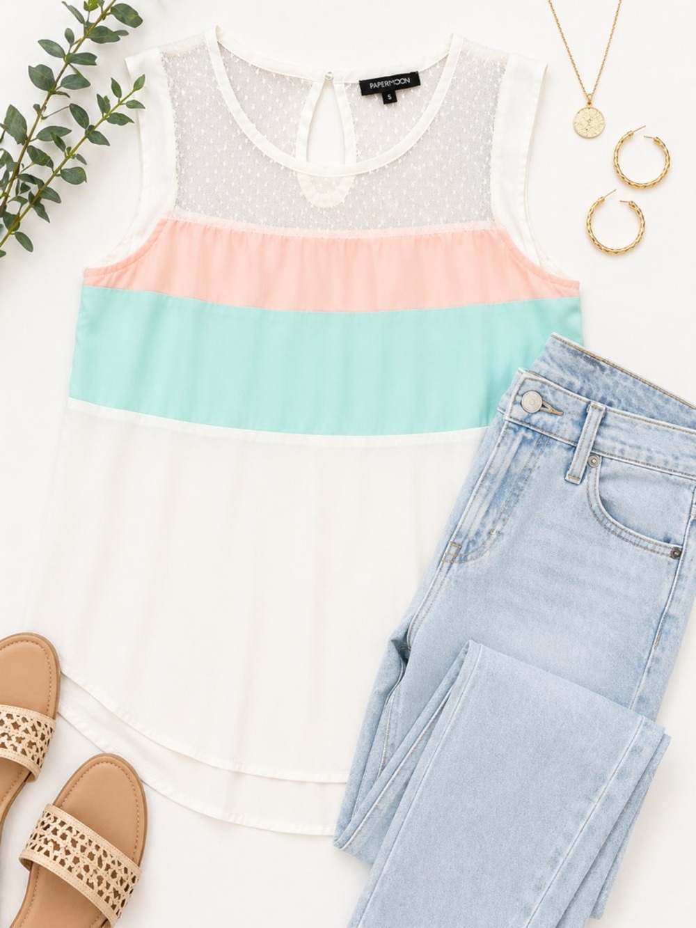 Papermoon Cream Mesh Yoke Blouse Colorblock Tank Top Size Small